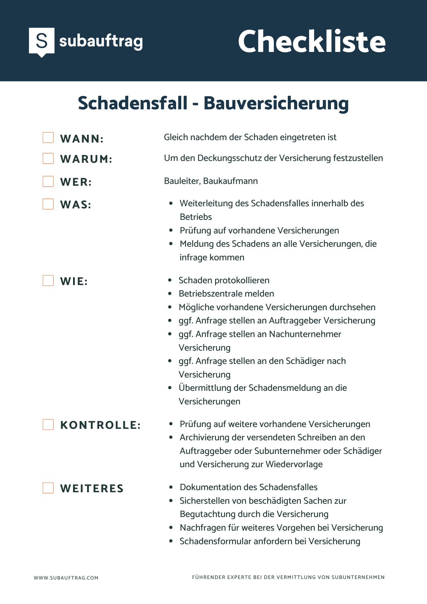 Bauversicherung Checkliste Schadensfall 