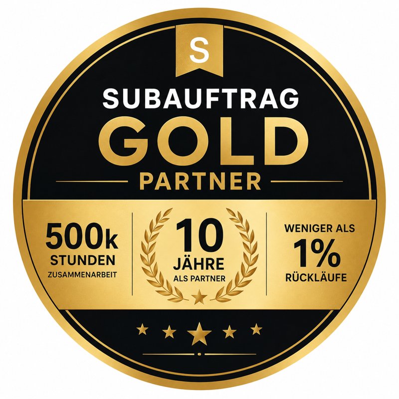SUBAUFTRAG Gold Partner Siegel: 10 Jahre Partnerschaft, 500.000 Stunden Zusammenarbeit, unter 1 % Rückläufe