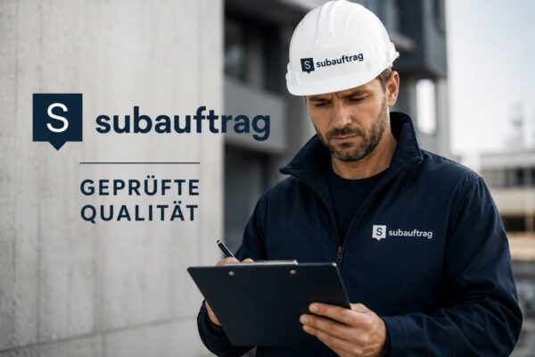 SUBAUFTRAG – geprüfte Qualität: Subunternehmer mit Klemmbrett auf der Baustelle