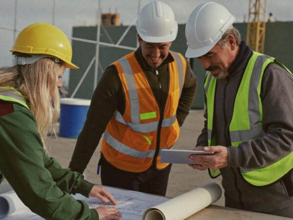 Bauteam mit Bauplänen und Tablet auf einer Infrastruktur-Baustelle