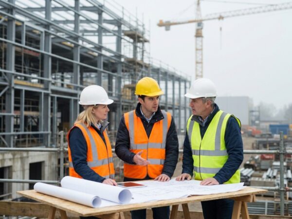 Bauteam mit Plänen und Tablet auf einer Industrie-/Werksbaustelle