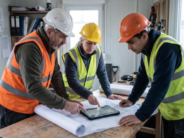 Bauteam im Baustellenbüro prüft Pläne und Ausschreibungsunterlagen – Vergabebeschleunigungsgesetz 2026 für Subunternehmer