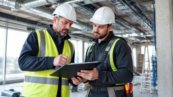 Bauleiter und Elektriker prüfen gemeinsam eine Qualitäts-Checkliste auf der Baustelle