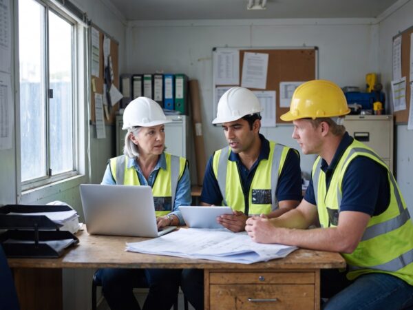 Bau-Subunternehmer prüfen im Baustellenbüro digitale Rechnungen und Unterlagen