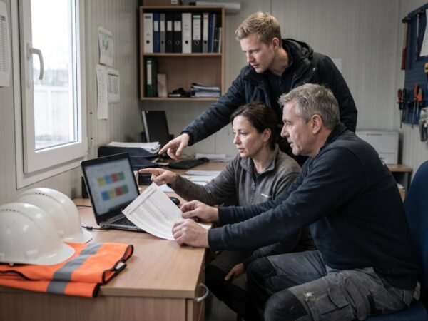 Projektleiterin und Bauleiter vergleichen Subunternehmer-Plattformen am Laptop im Baustellenbüro