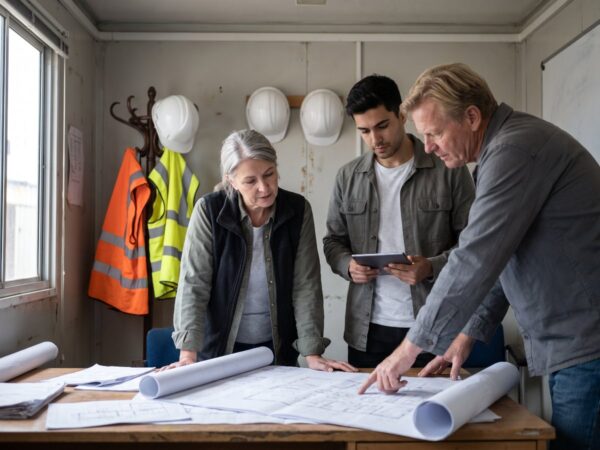 Bauteam prüft Pläne im Baustellenbüro – neue Wertgrenzen VOB/A 2026 für öffentliche Bauaufträge